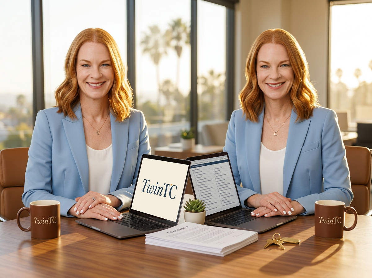 Cessna Barrett, licensed California broker, working alongside her AI Twin TC at a sunlit desk reviewing a contract and compliance checklist